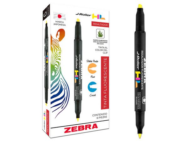 Resaltador doble punta Zebra Jroller HL, Color Amarillo, 6 Piezas.