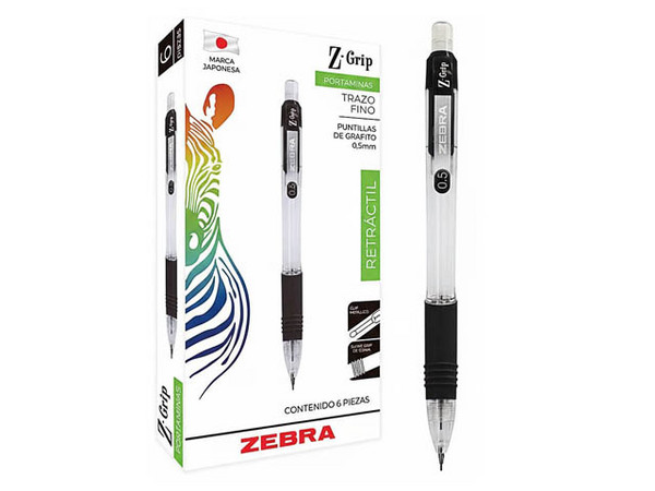 Lapicero Zebra Z-Grip 6520-00, Punta mediana 0.5 mm, Color negro, Caja con 6 piezas.
