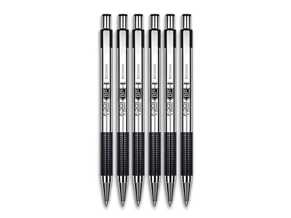 Bolígrafo Metálico Retráctil ZEBRA F-301, Punta Fina 0.7mm, Color Negro, Paquete con 6 Piezas.