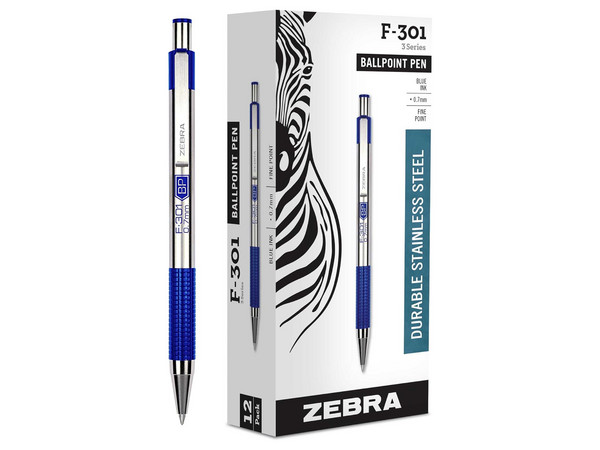 Bolígrafo Metálico Retráctil ZEBRA F-301, Punta Fina 0.7mm, Color Azul, Paquete con 6 Piezas.