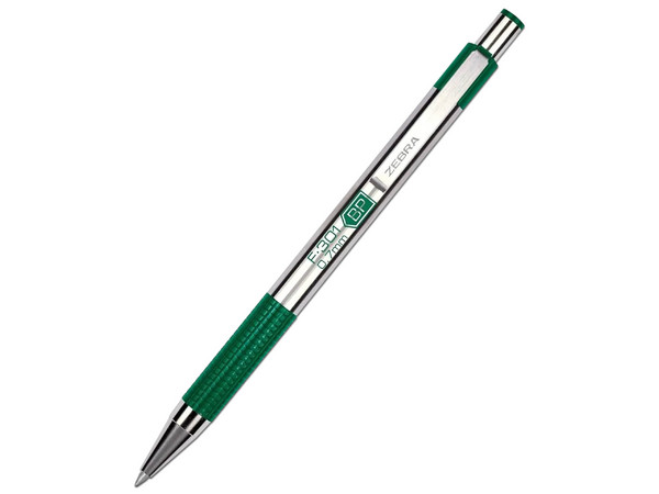 Bolígrafo Zebra F-301 Grip Acero y punto fino. Caja con 6 piezas. Color Verde.