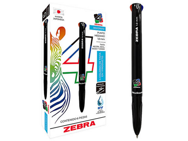 Bolígrafo Retráctil ZEBRA de 4 Colores (Negro, Azul, Rojo, Verde), Punta Media 1.0mm, Paquete con 6 Piezas.