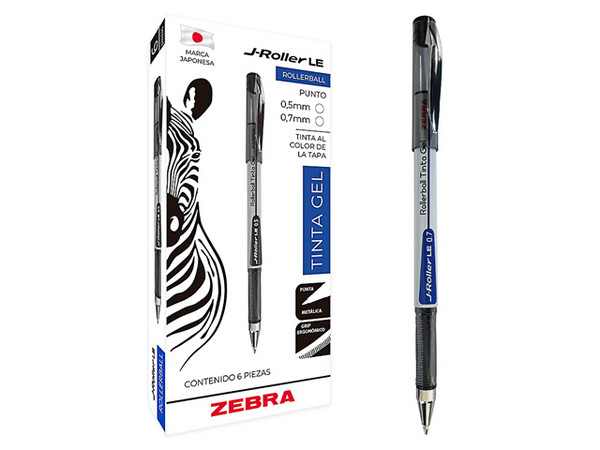 Bolígrafo ZEBRA J-Roller LE, Punta Media 0.7mm, Tinta Gel, Color Negro, Paquete con 6 Piezas.