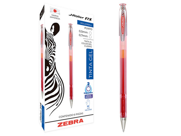 Bolígrafo ZEBRA J-Roller RX, Punta Media 0.7mm, Tinta Gel, Color Rojo, Paquete con 6 Piezas.
