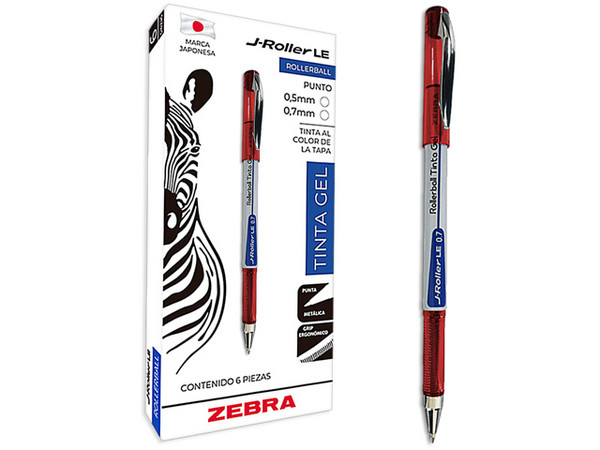 Bolígrafo ZEBRA J-Roller LE, Punta Media 0.7mm, Tinta Gel, Color Rojo, Paquete con 6 Piezas.