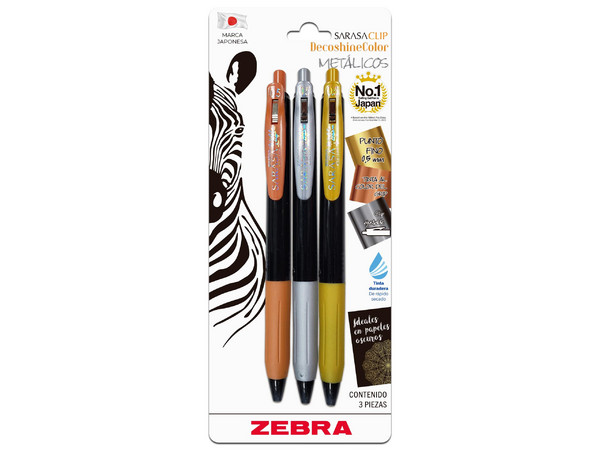 Bolígrafo Zebra DecoShine es retráctil con tinta gel de 0.5 mm, en colores surtidos metálicos. Viene en una caja con 3 piezas, ideal para escritura suave y decorativa.