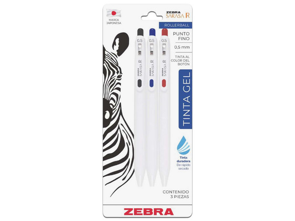 Bolígrafo Zebra, Sarasa R, Punto Fino, 0.5 mm, Colores Negro, Azul y Rojo, Con 3 Piezas.