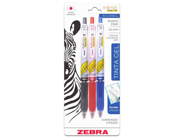 Bolígrafo Zebra, Sarasa Mark On, Punto Fino, 0.5 mm, Colores Negro, Azul y Rojo, Con 3 Piezas.