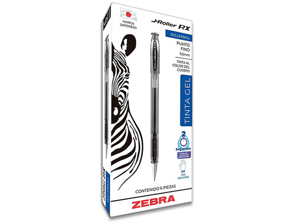 Bolígrafo ZEBRA J-Roller RX, Punta Fina 0.5mm, Tinta Gel, Color Negro, Paquete con 6 Piezas.