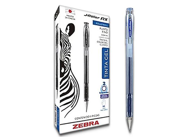 Bolígrafo ZEBRA J-Roller RX, Punta Fina 0.5mm, Tinta Gel, Color Azul, Paquete con 6 Piezas.