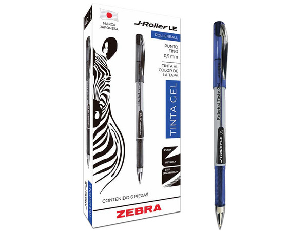 Bolígrafo Zebra J-Roller LE, Punto Fino 0.5 mm, Tinta Gel, Color Azul, con 6 Piezas.