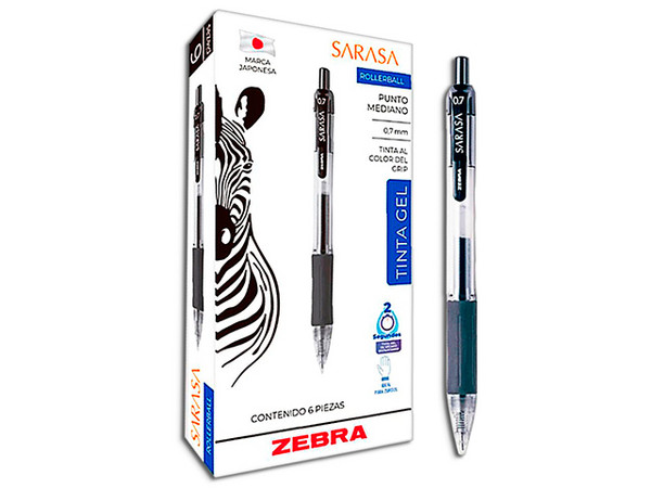 Bolígrafo ZEBRA Sarasa Retráctil, Punta Media 0.7mm, Tinta Gel, Color Negro, Paquete con 6 Piezas.