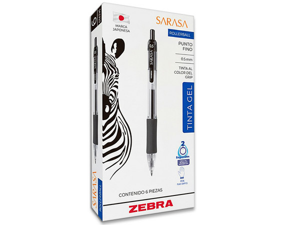 Bolígrafo ZEBRA Sarasa Retráctil, Punta Fina 0.5mm, Tinta Gel, Color Negro, Paquete con 6 Piezas.