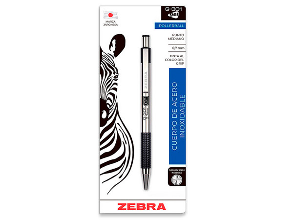 Bolígrafo ZEBRA G-301 Rollerball, Punta Media 0.7mm, Tinta Gel, Color Negro, Paquete con 6 Piezas.