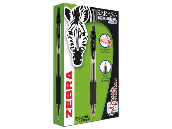 Bolígrafo Zebra Sarasa Retráctil de Punto Mediano 0.7m, Gel, Color Negro, (12 Piezas).