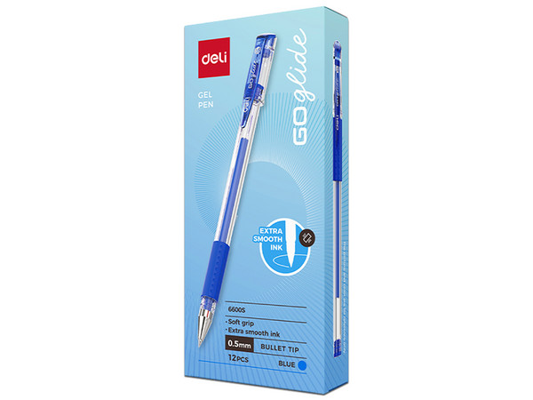 Bolígrafo de Gel Deli E6600SA, Punta Fina de 0.5mm, Caja con 12 Piezas. Color Azul.