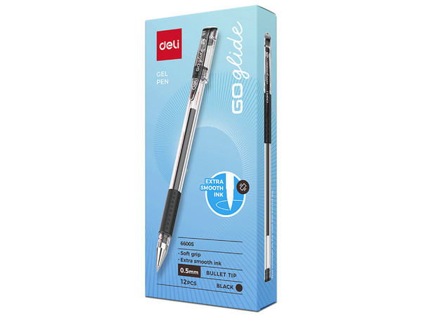 Bolígrafo de Gel Deli E6600SN, Punta Fina de 0.5mm, Caja con 12 Piezas. Color Negro.
