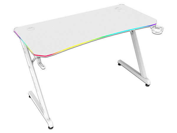 Escritorio Gamer Ergonómico Olympus Spot Glow Pro MRX8000, Estructura Z, 120 x 60 cm, Soporta hasta 100 kg, ABS, PC, Acero, Aglomerado de 18 mm, Recubrimiento de melamina en fibra de carbono, RGB, 1 Gancho, 1 Porta Vasos, Legend, Blanco.