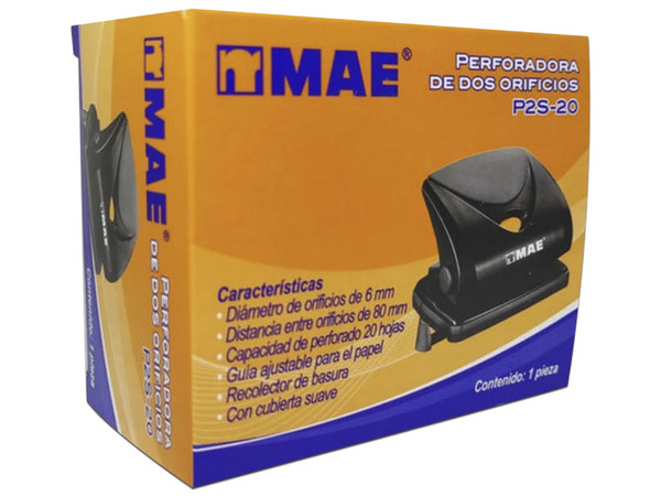 Perforadora MAE P2S-20 de 2 Orificios, capacidad de hasta 20 hojas. Color Negro/Rojo