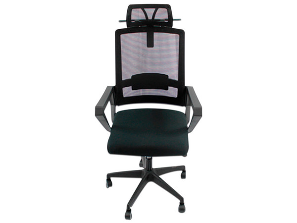 Silla de Oficina MODAMOB IRIS, Respaldo y cabecera de maya, 5 llantas, Elevación y disminución de altura, Reposabrazos, Soporte para espalda, Color Negro.
