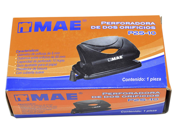 Perforadora MAE, 2 orificios, 6 mm, hasta 10 hojas, Color Negro.