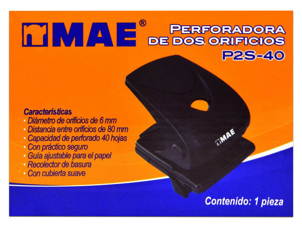 Perforadora MAE P2S-40, Realiza 2 orificios de 6 mm, Palanca suave, Perfora hasta 40 hojas, Color Negro.