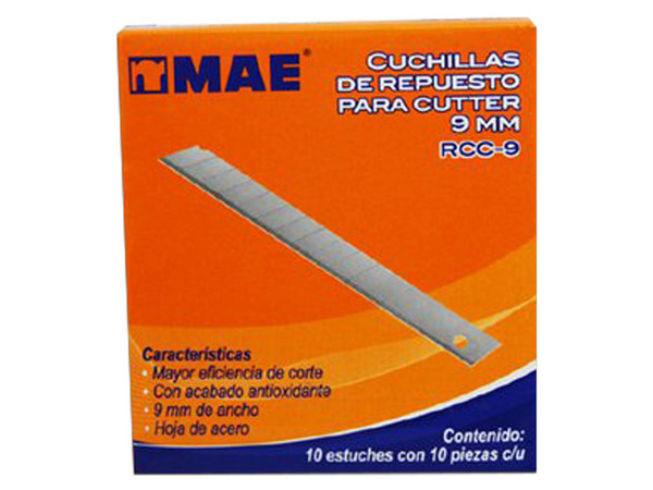 Cuchillas de Repuesto MAE RCC-9 para Cutter de 9mm, Caja con 10 estuches de 10 piezas.