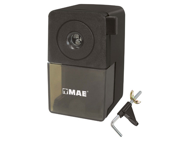 Sacapuntas de Escritorio Mae Manual Modelo Spe-20, Fabricado en Plástico con Afilador Metálico y Recolector de Residuos.