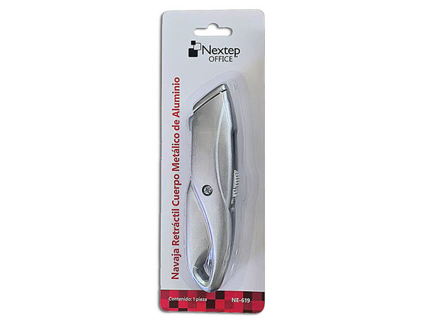 Cutter Retractil Nextep NE-619, Cuerpo Metalico de Aluminio, Mecanismo Retráctil.