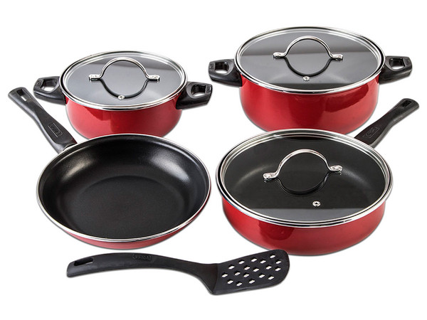 Batería de Cocina Cinsa Sweet Cherry de 8 piezas, Tapa de Vidrio, Color Rojo.