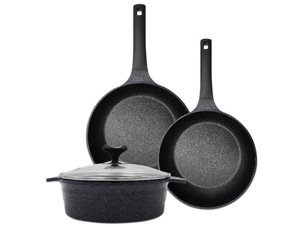 Set Queen Sense Olla de 24 cm y Sarténes de 24 y 28 cm con tapa. Color Negro SJM031-01