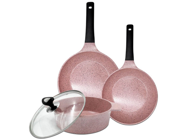 Set Queen Sense Olla de 24 cm y Sarténes de 24 y 28 cm con tapa. Color Rosa SJM031-11