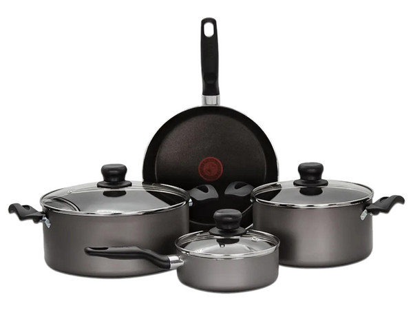 Batería de Cocina T-Fal 5819500, Con tapas y mangos ergonómicos, Recubrimiento antiadherente, Aluminio, 7 Piezas, Color Gris.