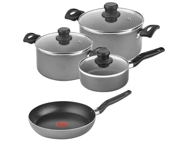 Batería de Cocina T-Fal 5819500, Con tapas y mangos ergonómicos, Recubrimiento antiadherente, Aluminio, 7 Piezas, Color Gris.