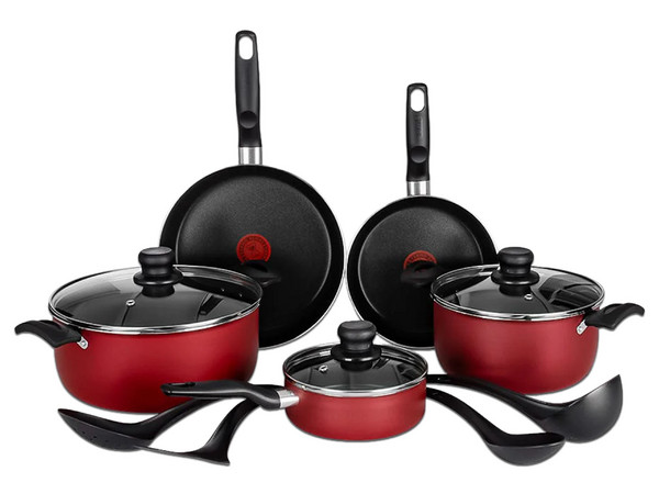 Batería de Aluminio T-FAL Expert Chef de 12 piezas, 2 Ollas, 2 Sartenes, 1 Cacerola, 4 Utensilios, Color Rojo.