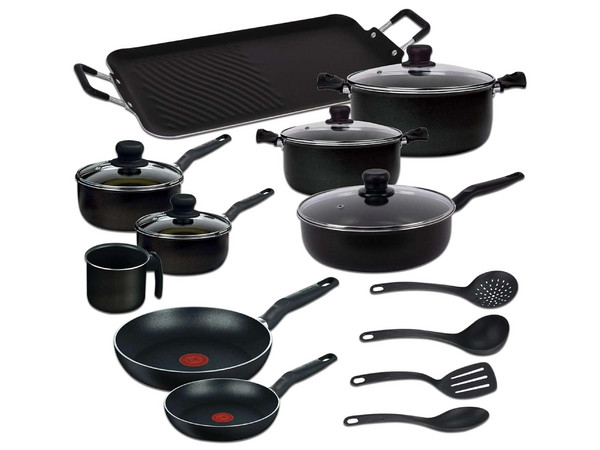 Batería de Cocina T-FAL BAT18M0226100 Con 18 Piezas, Antiadherente Vital, Color Negro.