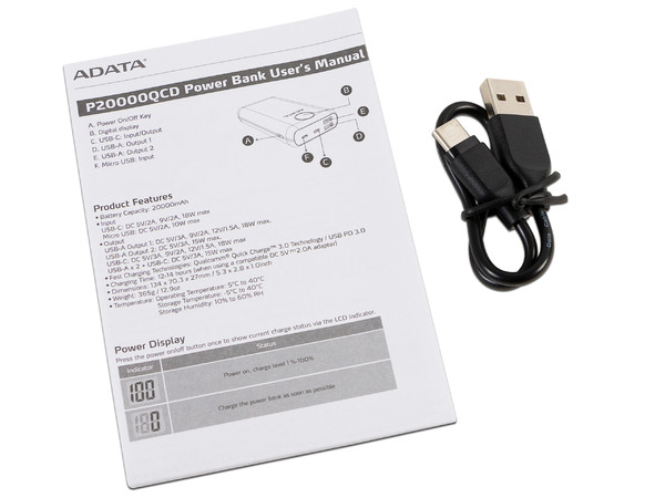 Batería Portátil recargable ADATA P20000QCD Power Bank de 20,000 mAh, Color Negro. (Caja abierta)