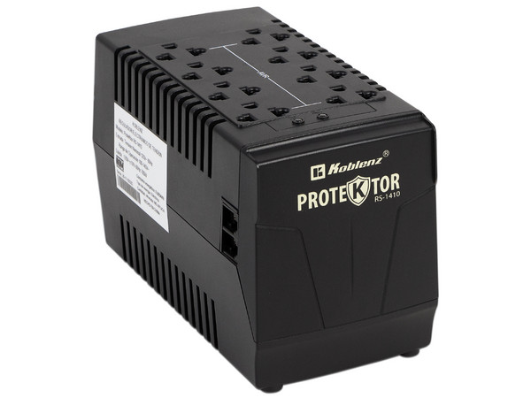 Regulador Koblenz RS-1410 de 1410 VA / 700W con 8 contactos. Caja abierta, producto con desgaste y uso visible.