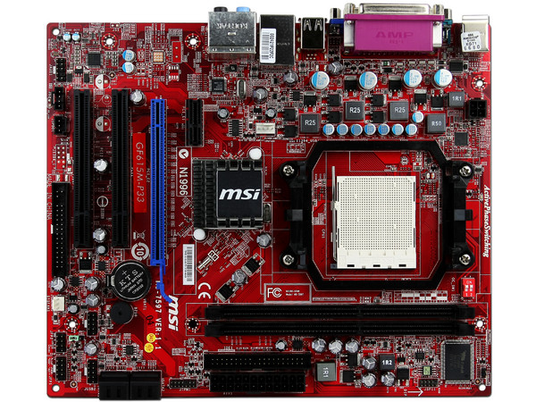 T. Madre MSI GF615M-P33, ChipSet 6150SE,
Soporta: Phenom II X3 y X4 de Socket AM3,
Integrado: Video NVIDIA 6150SE, AudioHD, Red,
Memoria: DDR3 1333/1066MHz,
Diseño mATX, Ptos: 1xPCIEX16, 1xPCIEx1, 2xPCI