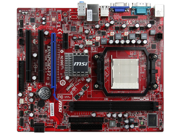 T. Madre MSI K9N6PGM2-V2, ChipSet MCP61P,
Soporta: Phenom II X3 y X4 Soporta AM2+ y AM3,
Integrado: Video NVIDIA 6150SE, AudioHD, Red,
Memoria: DDR2 667/800MHz,
Diseño mATX, Ptos: 1xPCIEX16, 1xPCIEx1, 2xPCI