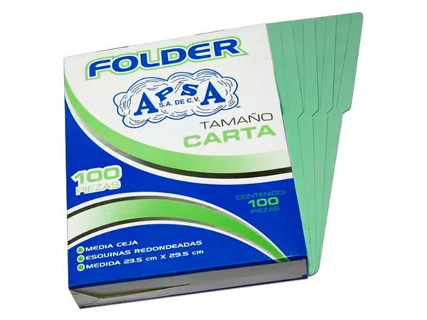 Folder Apsa, Tamaño Carta, Color verde, paquete con 100 Piezas.