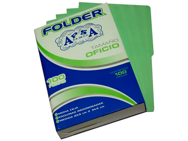 Folder Apsa, Tamaño Oficio, Paquete con 100 Piezas. Color Verde.