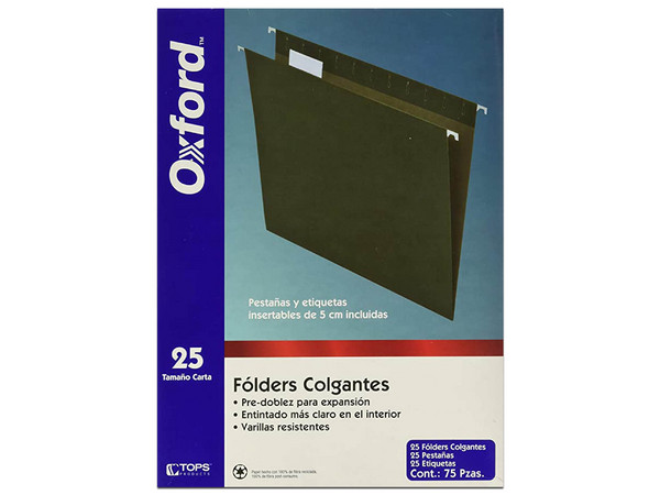 Paquete de Carpetas Colgantes Oxford 91525X, Tamaño Carta, 25 piezas, Color Verde.