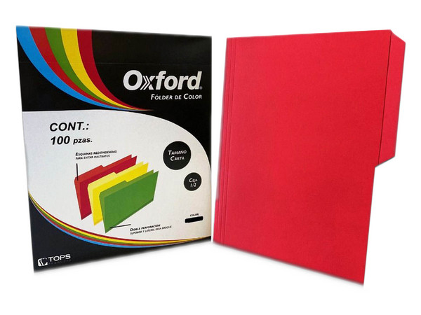 Paquete de Folders Oxford tamaño Carta, 100 piezas, Color Rojo.