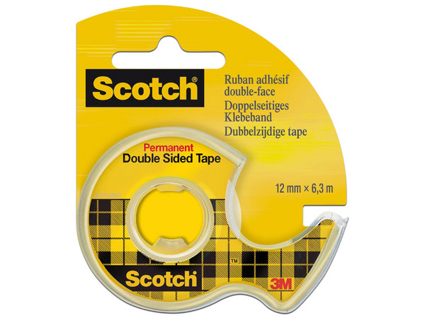 Cinta 3M doble capa Scotch, 12mm x 6.3 mts, con despachador, modelo 136D.