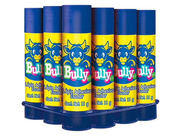 Lápiz Adhesivo Bully 11g. Presentación en caja con 12 piezas, adhesivo en barra de secado rápido, ideal para papel, cartón y manualidades.