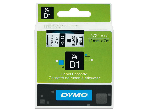 Cinta Dymo 45013 para Etiquetado, 12mm x 7m, Color Negro/Blanco.