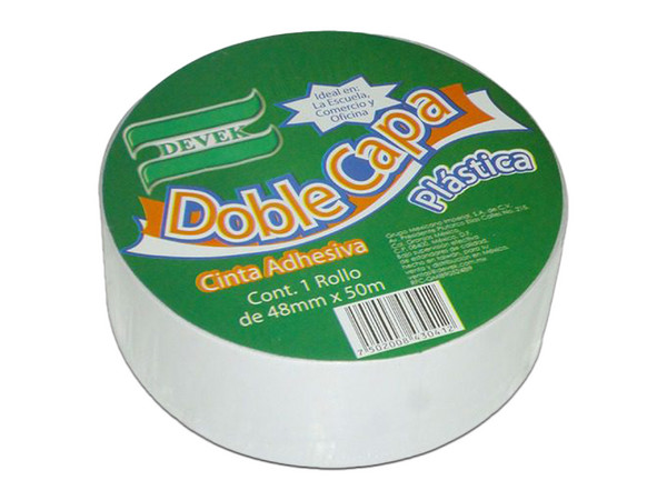 Cinta adhesiva Doble capa Devek, 48 mm x 50 mts, de polipropileno. Color Blanco.