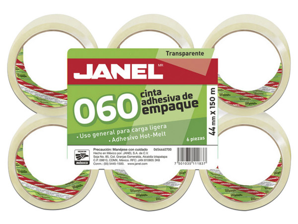 Cinta para Empaque Janel, Adhesivo Hot-Melt, 44mm x 150m, Paquete con 6 Piezas. Transparente.