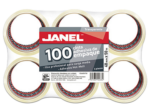 Cinta Adhesiva Janel 155 de 48mm x 50m, transparente. Paquete con 6 piezas